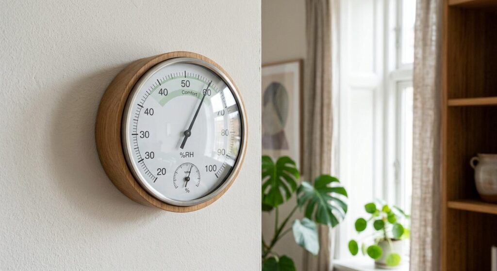 Digitalt hygrometer på væg i stue der viser luftfugtighed