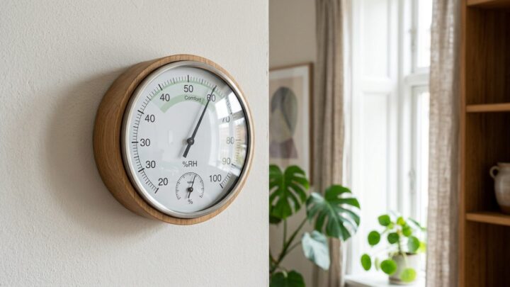 Digitalt hygrometer på væg i stue der viser luftfugtighed