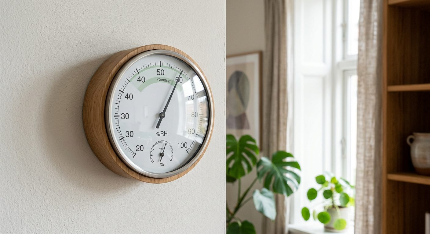 Digitalt hygrometer på væg i stue der viser luftfugtighed