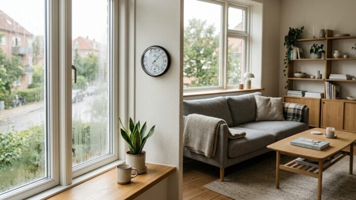 Hygrometer på væg i stue viser luftfugtighed og indeklima i boligen