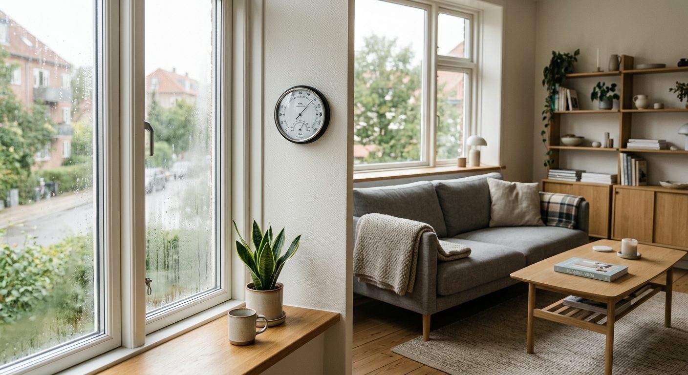 Hygrometer på væg i stue viser luftfugtighed og indeklima i boligen