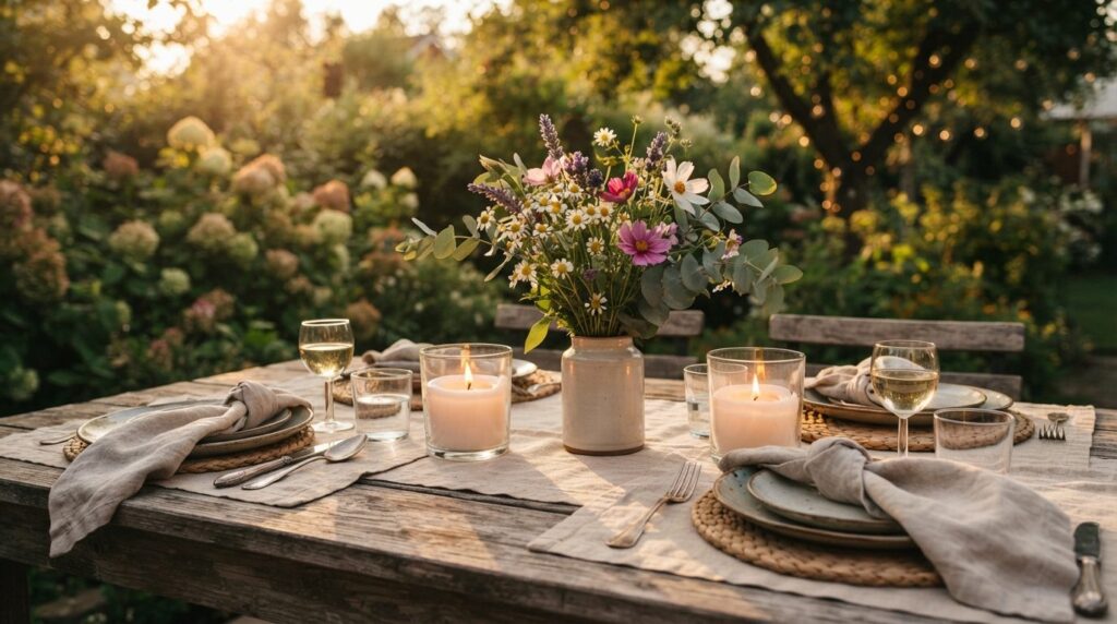 Close-up lifestyle photography of a rustic outdoor table set