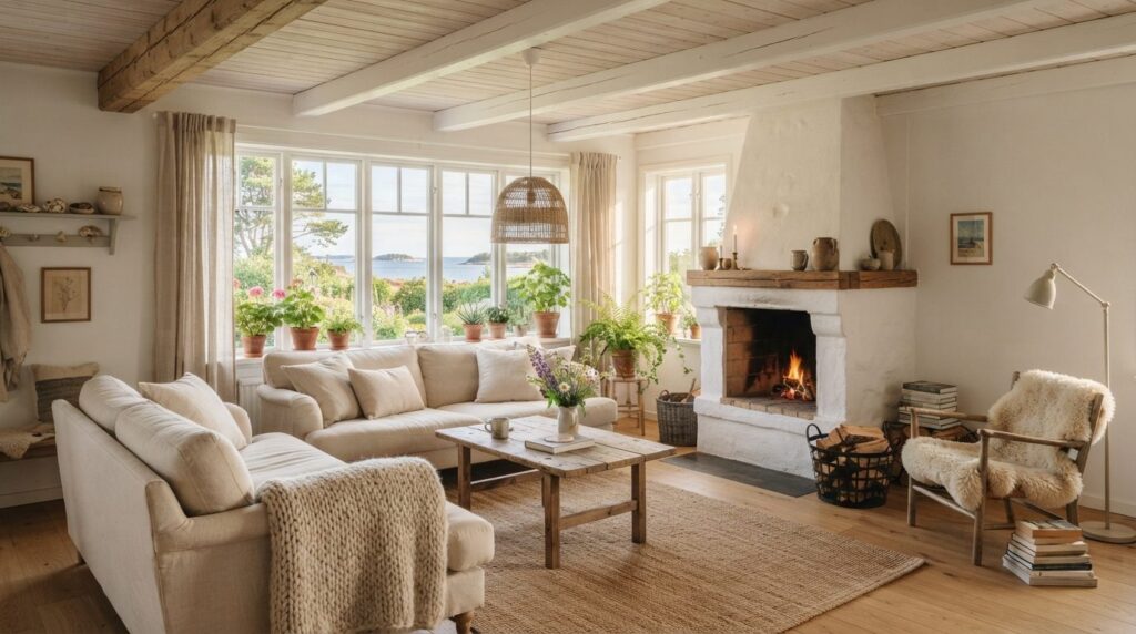 Bright, airy shot of a summer cottage living room with an op