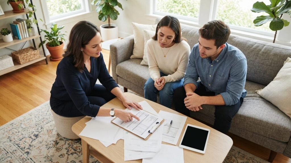 Close-up overhead view of a professional moving consultant m