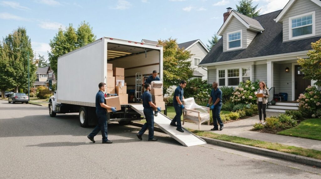 Wide shot of a residential moving truck backed up to a famil