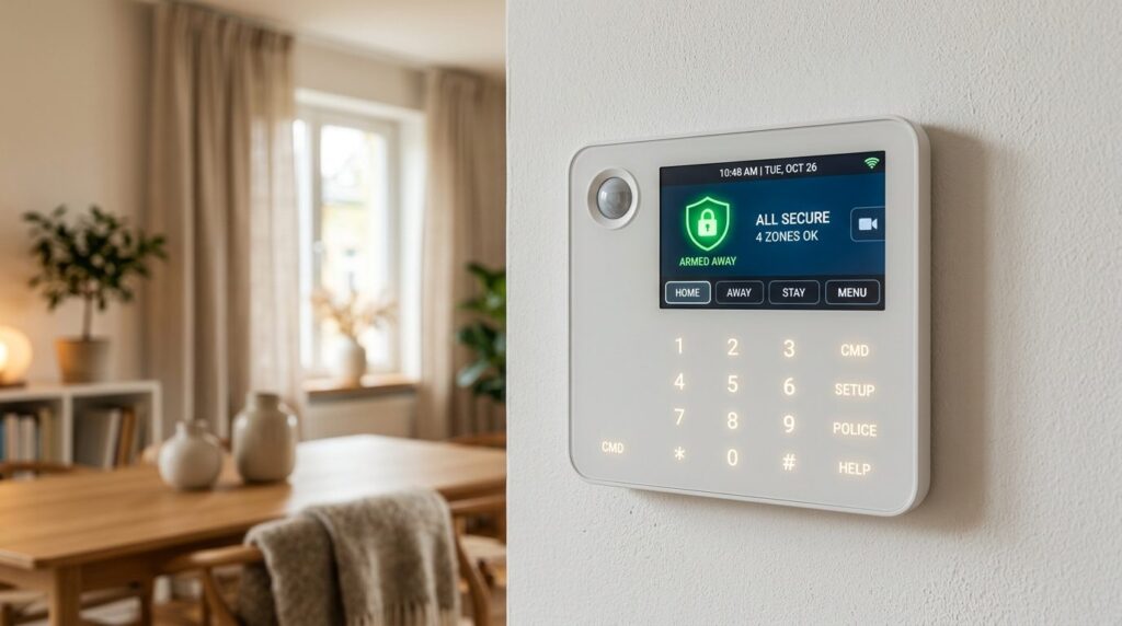 Modern smart home alarm system keypad mounted on Scandinavia