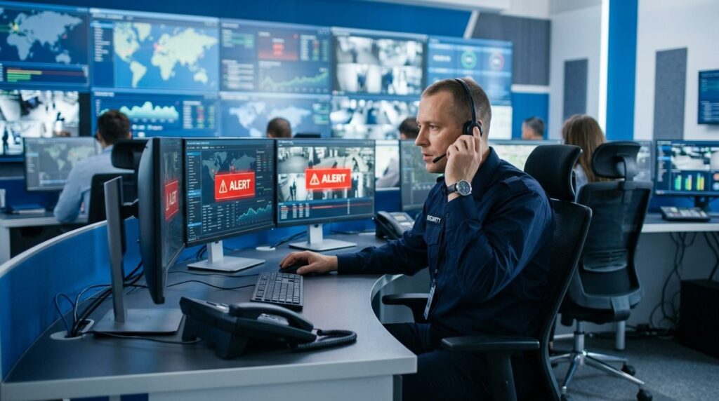 Professional security guard in modern control room receiving