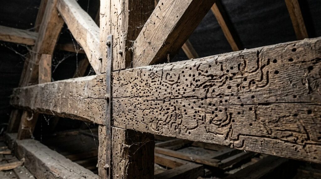 Close-up view of a wooden roof truss structure with visible