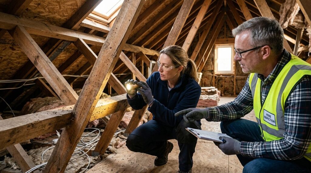 Professional home inspection scene showing a homeowner exami