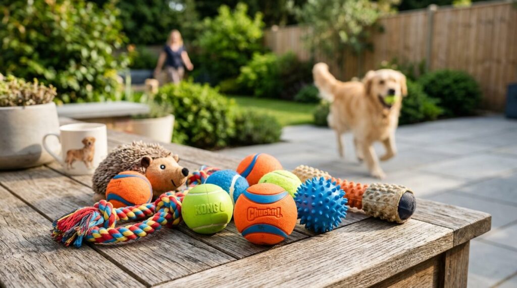 Close-up lifestyle shot of various colorful dog fetch balls 