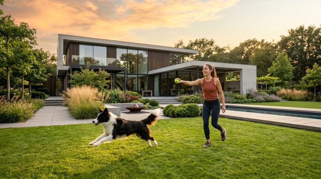Wide angle photograph of a young woman playing fetch with an