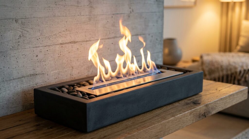 Close-up product photography of a luxury bioethanol fireplac