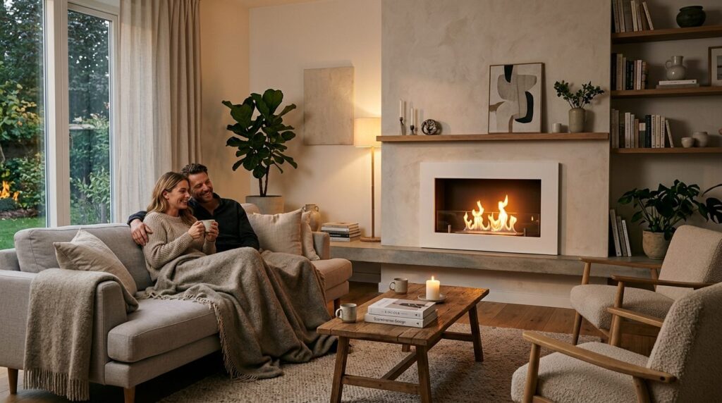 Warm intimate scene of a contemporary living room featuring