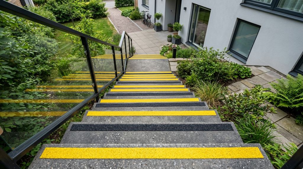 Detailed overhead view of an outdoor staircase with modern G