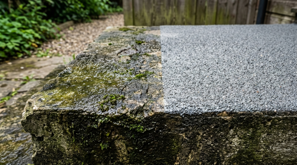 Close-up product detail shot of a weathered outdoor concrete