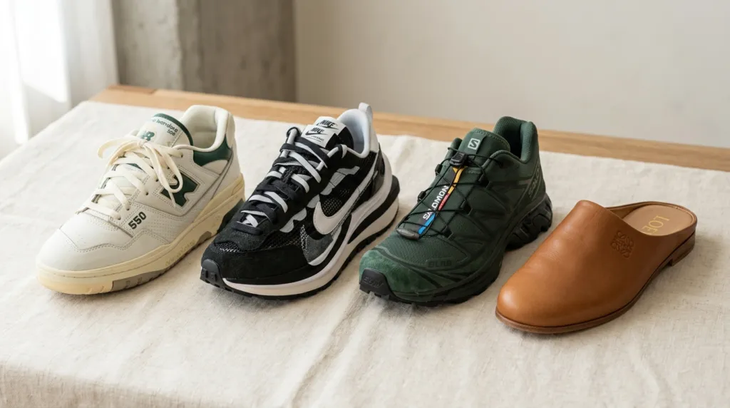 Tre udvalgte designersneakers arrangeret tæt sammen, detaljeret closeup.
