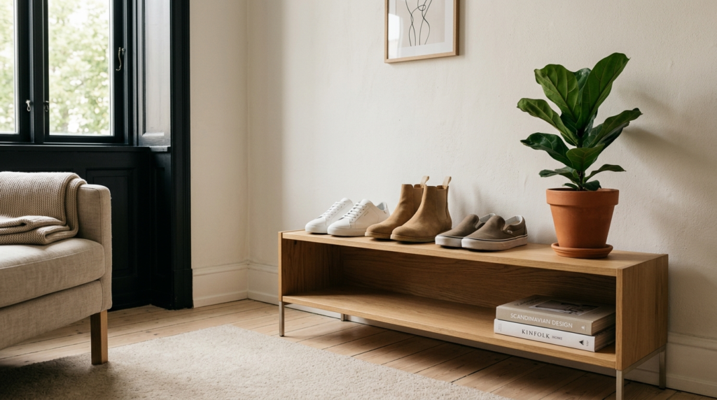 Modern Nordic apartment scene showing a small curated footwe