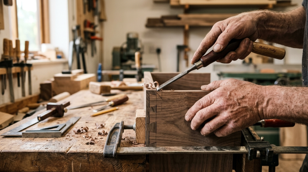 Close-up detail shot of master craftsmans hands working on