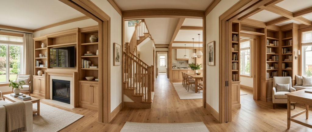 Panoramic view of a cohesive home interior featuring multipl