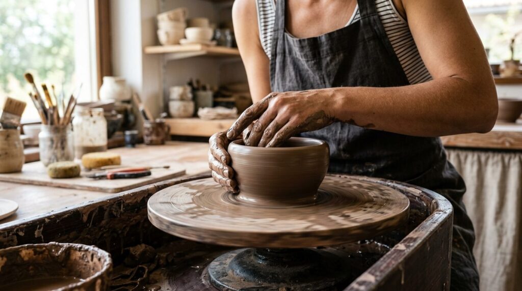 Close-up of hands shaping wet clay on a manual pottery wheel