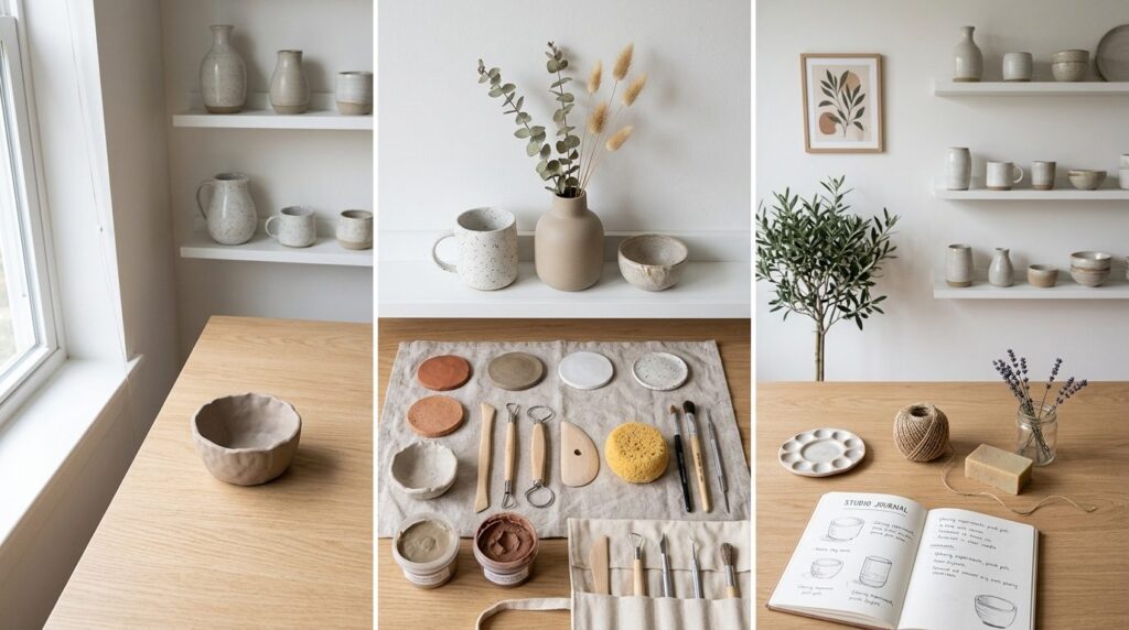 Styled flat lay of pottery hobby essentials in a modern home