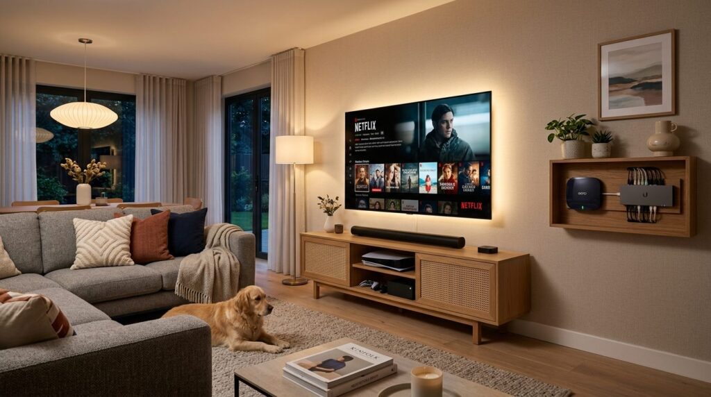 Modern family home entertainment setup featuring a wall-moun