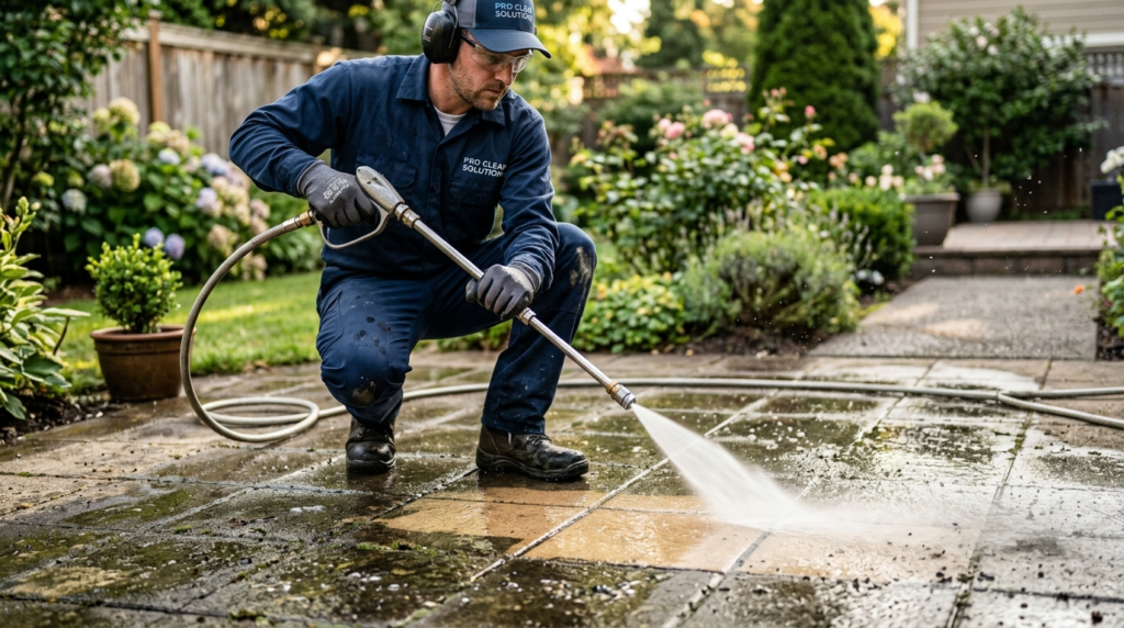 Close-up detail shot of a professional tile cleaning technic