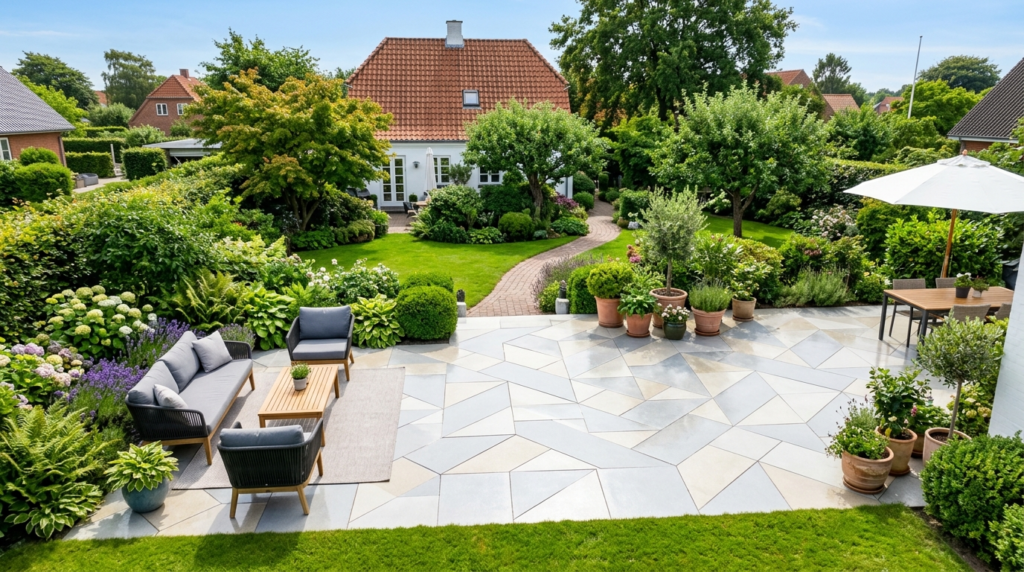 Aerial view of a beautifully maintained Danish residential o