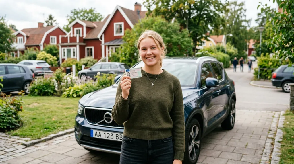Ung person holder stolt sit nye kørekort i hænderne.