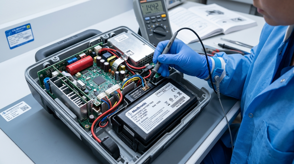 Close-up detail shot of a defibrillator battery and internal