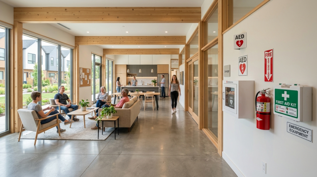 Wide-angle shot of a modern residential community center or