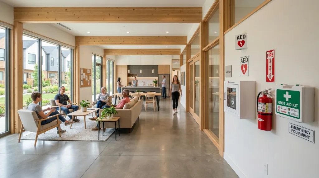Bredt billede af et moderne fællesskabscenter i et boligkompleks.