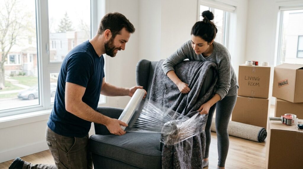 Close-up of a man and woman carefully wrapping and protectin