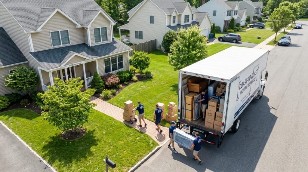 Aerial view of a residential moving truck loaded with furnit