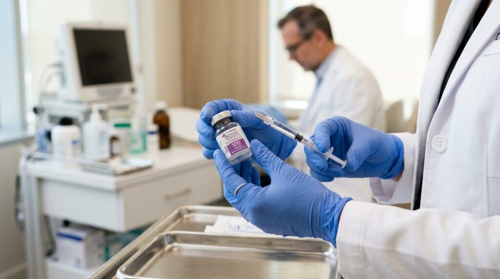 Close-up of a dermatologists hands holding premium botox vi