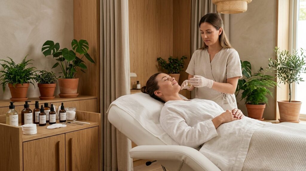 Woman receiving professional aesthetic treatment in a luxuri