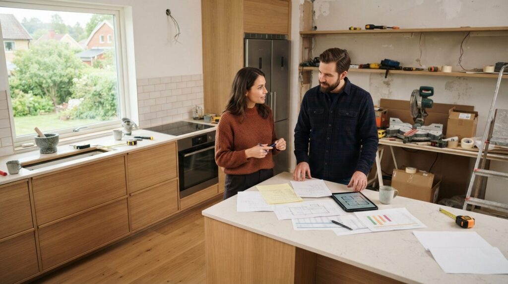 Realistic stock photo of a beautiful Scandinavian-style kitc