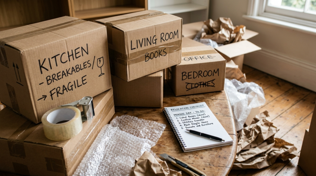 Close-up detail shot of moving boxes and packing materials i