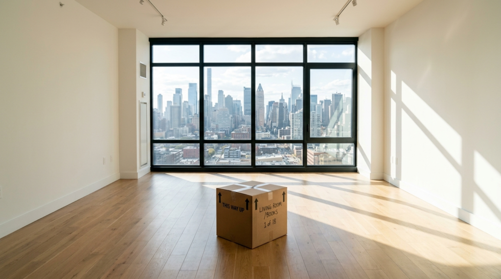 Wide angle interior photograph of an empty living room durin