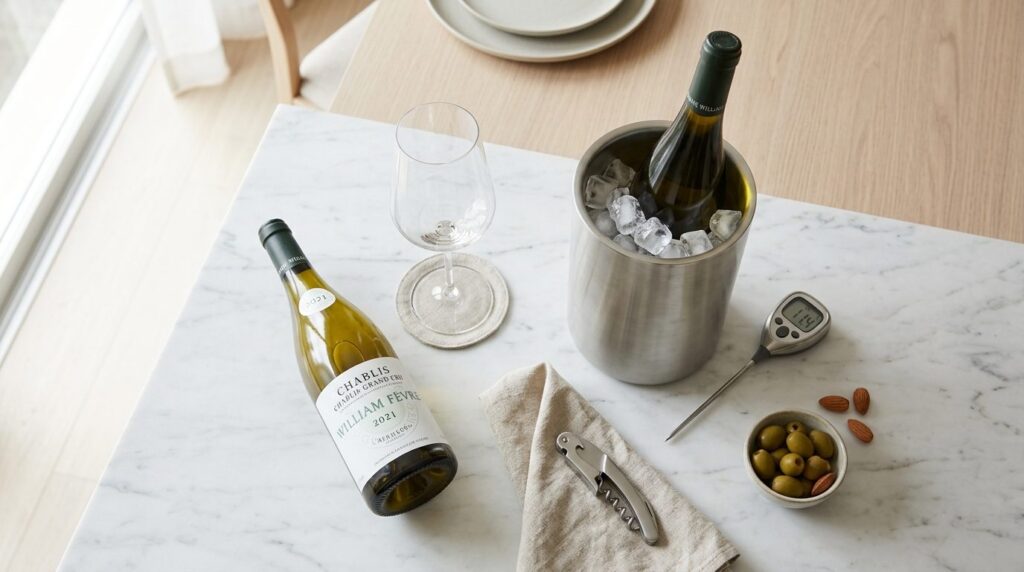 Overhead flat lay of white wine serving essentials including