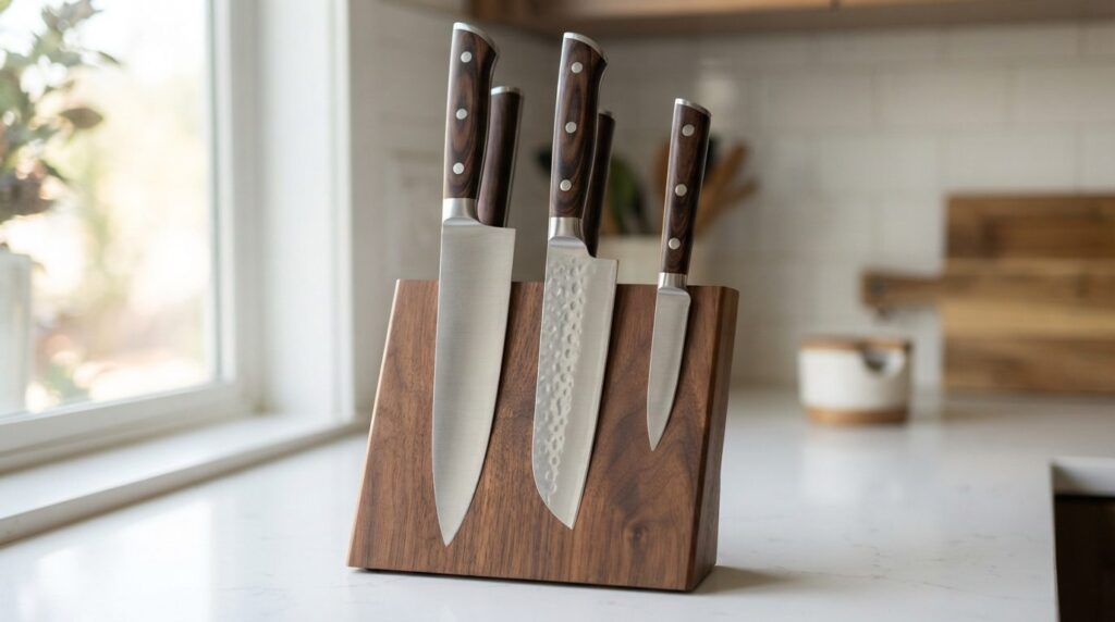 Close-up detail shot of three premium kitchen knives with di