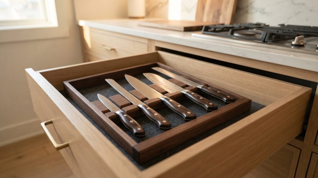 Organized kitchen knife drawer interior with dividers contai