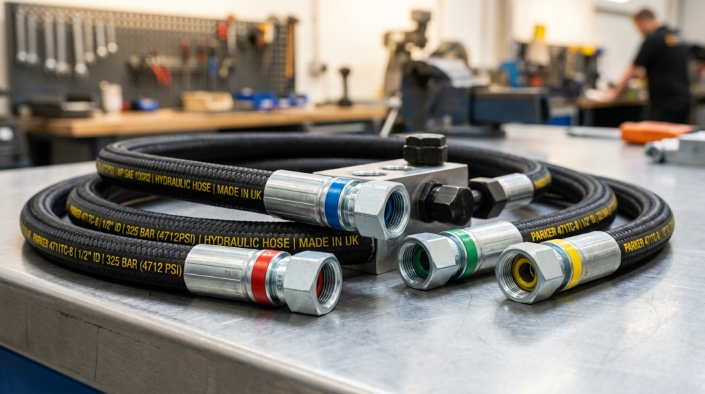 Close-up detail shot of premium industrial hydraulic hoses w