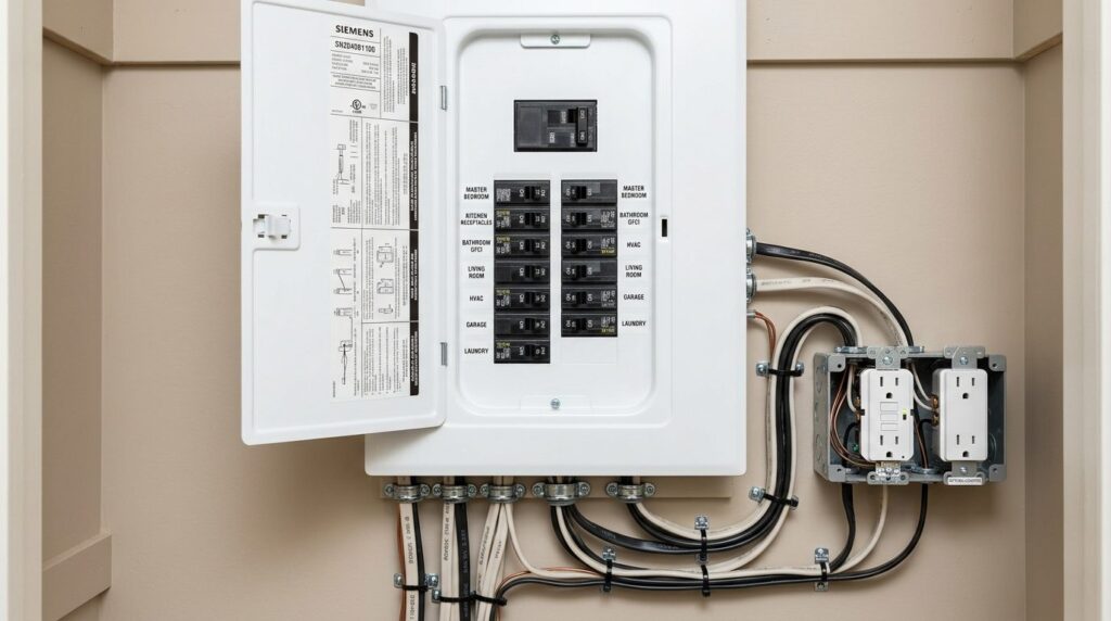 Close-up overhead view of an electrical panel and power outl