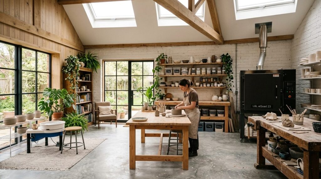 Wide-angle interior shot of a spacious residential studio ro