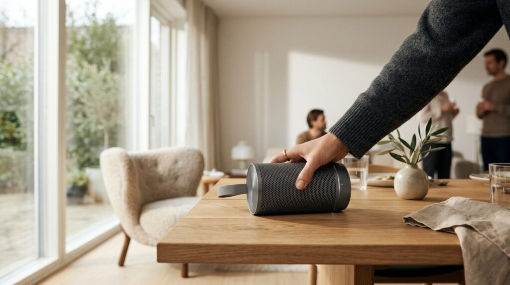 Close-up of a sleek modern portable speaker being placed on 
