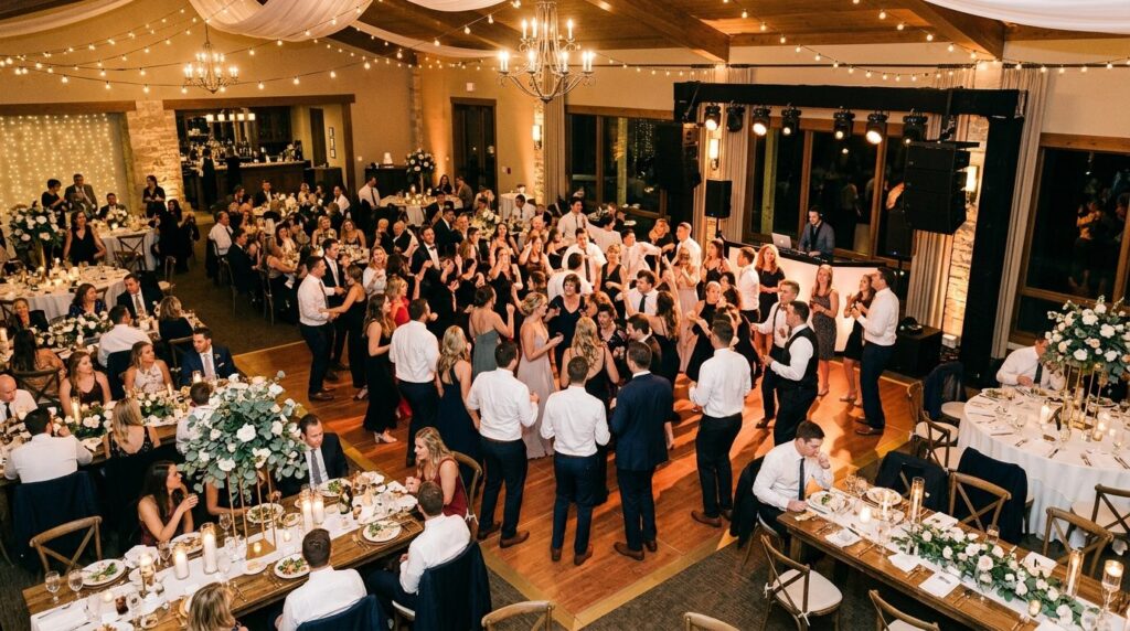 Overhead view of a contemporary wedding reception with profe