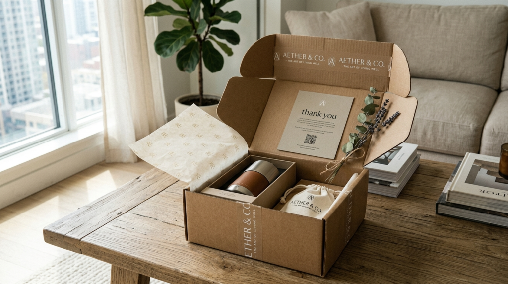 Flat lay composition of unboxing scene with branded printed