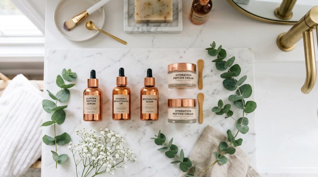 Overhead flat lay of premium skincare routine on white marbl