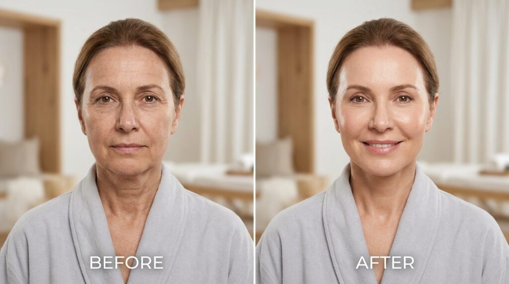 Before and after style split image: left side shows mature w